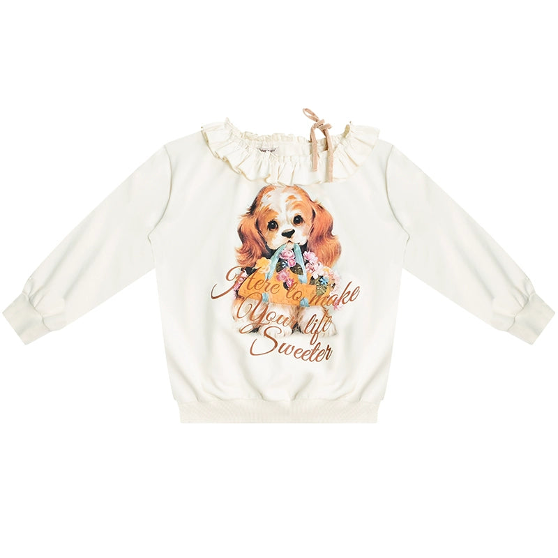 ziziFei Herbst und Winter amerikanischen Retro-Design Sinn einzeiligen Schulter lose faulen Wind Hund drucken off-the-shoulder Sweatshirt Frauen