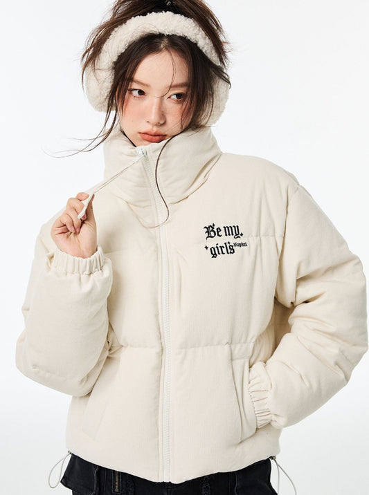 Embroidered letter high neck down jacket