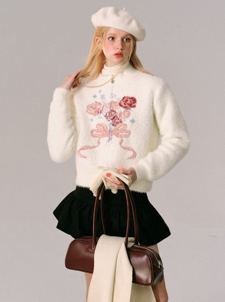 rose zipper knitted cardigan