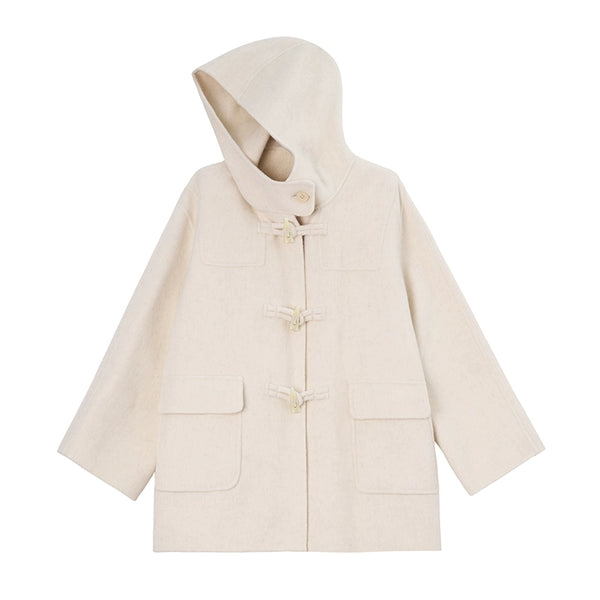 WOOL HOODED HORN-BUTTONED TWEED COAT