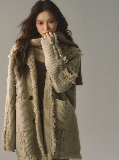 Mid-length hooded detachable knitted coat