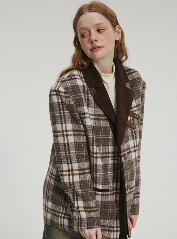 Retro detachable collar plaid jacket