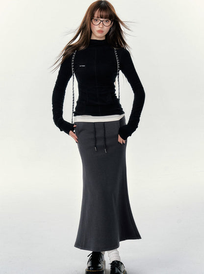 American Retro Dark Gray Versatile Slim Maxi Skirt