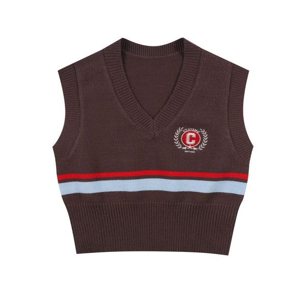 Retro Preppy Striped Knit Vest With Shirt Set-Up