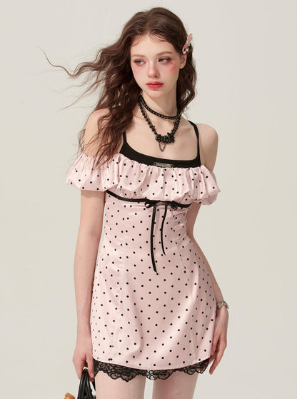 Pink Polka Dot One-Shoulder Dress