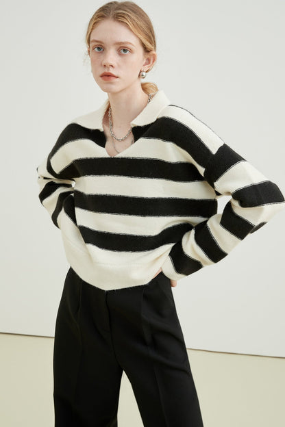 VEGA CHANG Sweater Women's Fall 2024 New Lazy Premium Polo Collar College Style Striped Knit