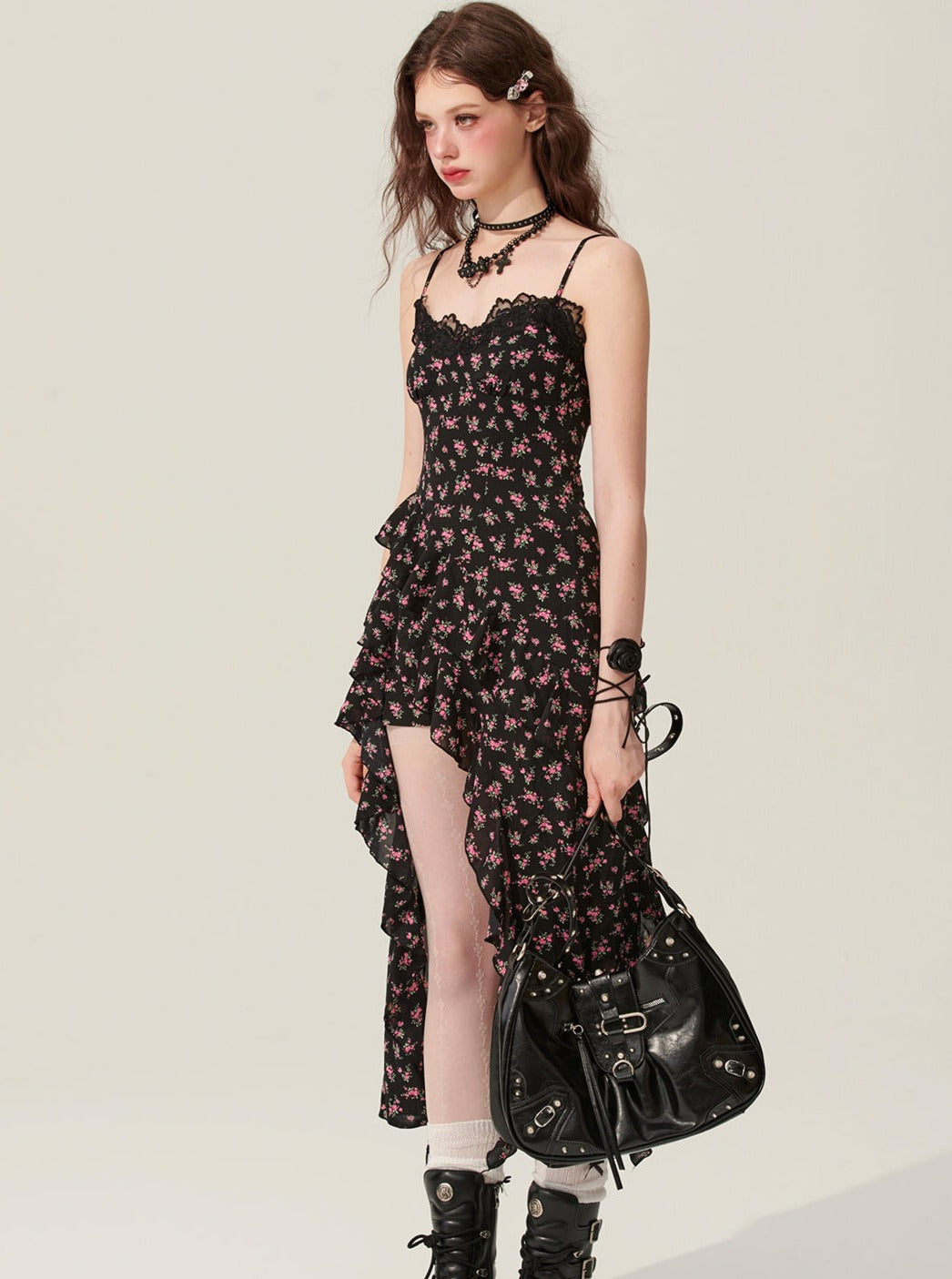 Shao auch Augen schwarz Kleber Berühmtheit kalt königliche Schwester Stil Kleid Frauen Sommer Design Sinn floral langen Rock schwarz sundress