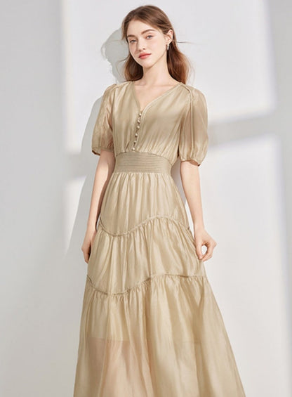 French Elegant V-Neck Puff Sleeve Dress