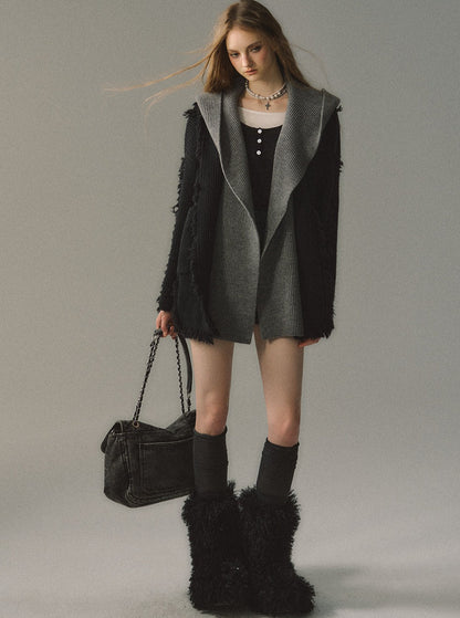 Mid-length hooded detachable knitted coat