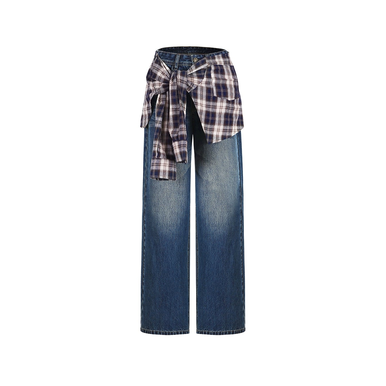 Detachable Plaid Shirt Waist Slimming Jeans