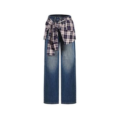 Detachable Plaid Shirt Waist Slimming Jeans