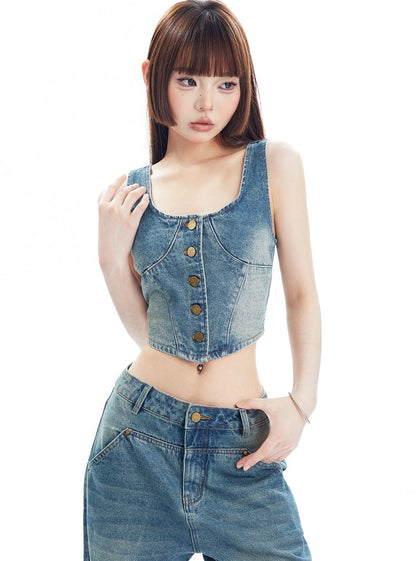 American Denim Wide Leg Short Vest Set-up