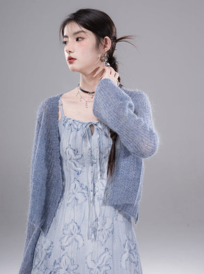 Gentle texture mohair cardigan tops