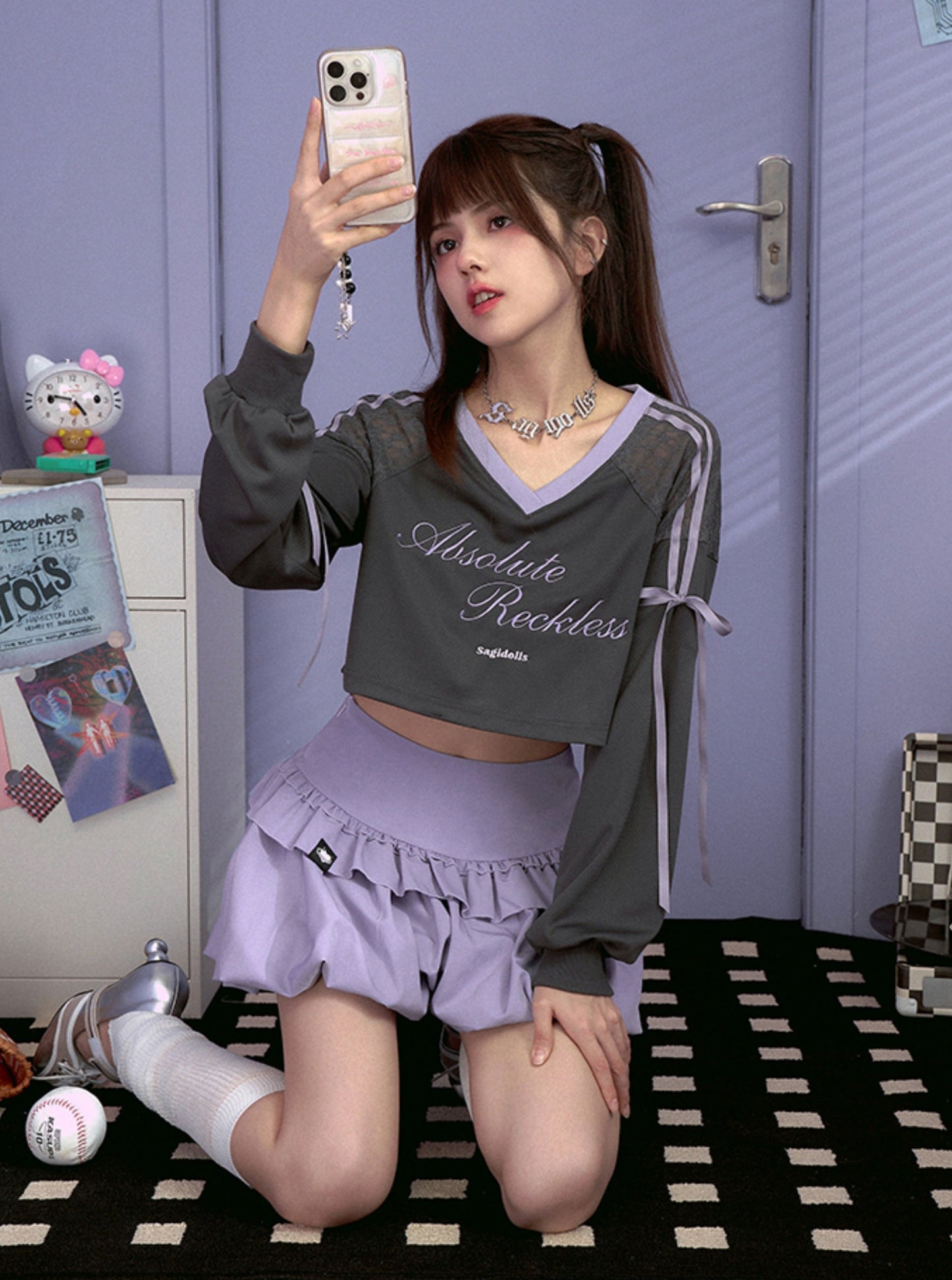 SagiDolls Teenage Fighting Spirit Jennie grau Jersey Blokette Sweet Cool College Sport Crop Top