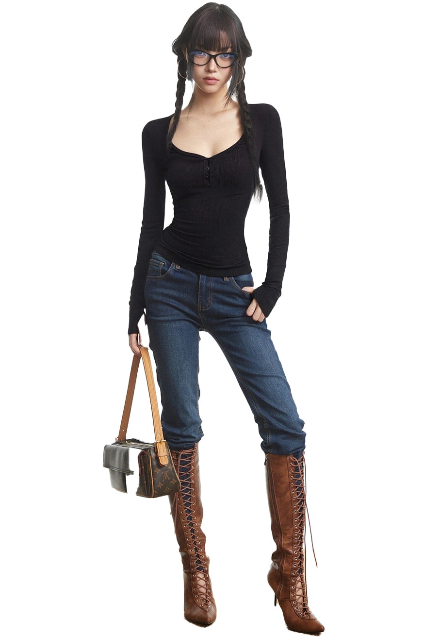 Black U-Shaped Slim Long Sleeve T-Shirt