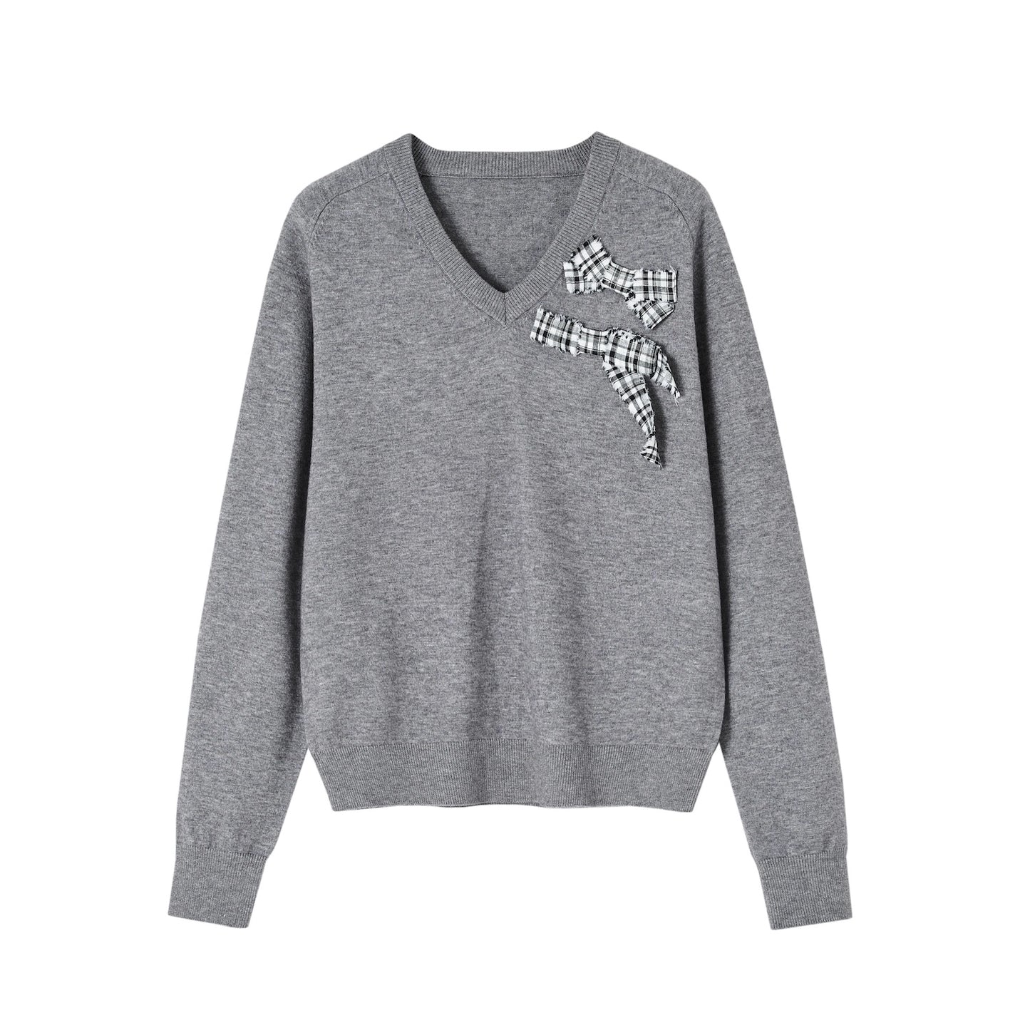 Bow Detail Checked V-Neck Jumper