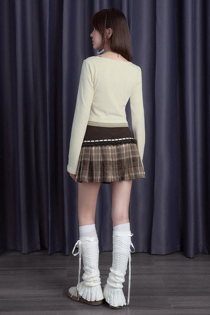 Brown Checkered Ribbon PLEATED SKIRT