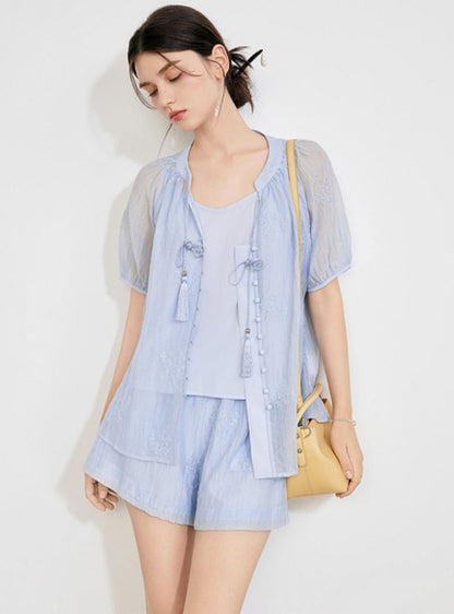 Chinesisches Top und Weste Shorts Set