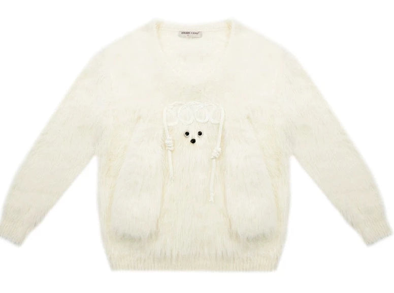 American retro loose fur dog V-neck sweater