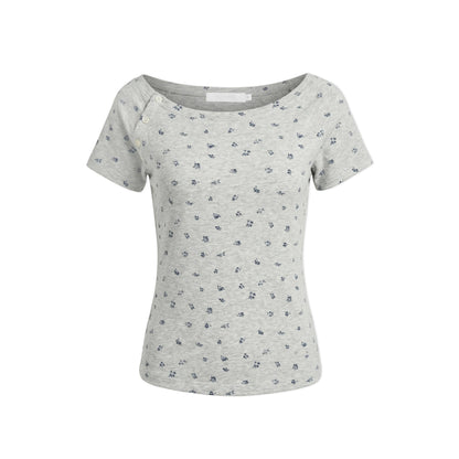 T-shirt con Scollo Asimmetrico e Stampa Floreale
