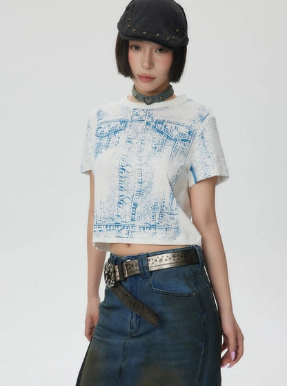 American Retro Denim Print Sleeve T-Shirt