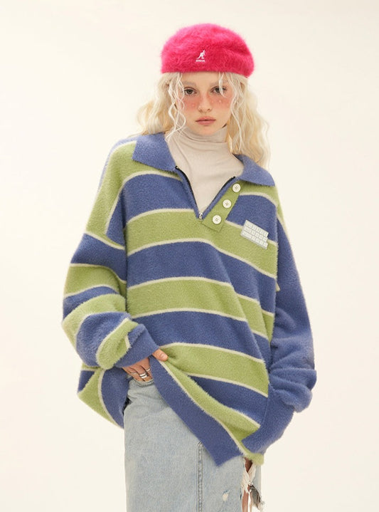 Irregular color contrast striped zipper sweater