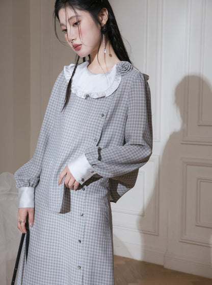 White Contrasting Check Shirt With Skirt Set