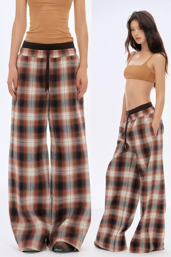 Retro Slim Wide-Leg Plaid Pants