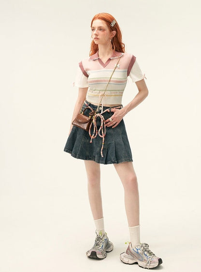 Fake two-piece striped short sleeve T-shirt