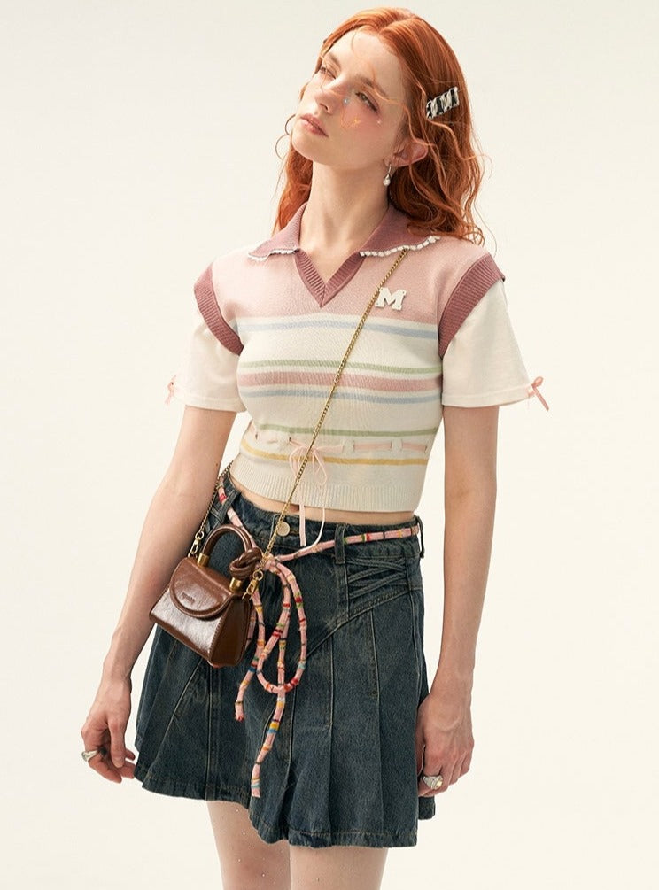 Fake two-piece striped short sleeve T-shirt