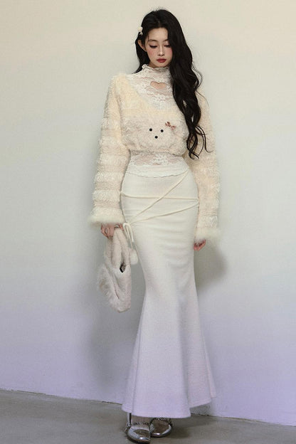 Plush Lace Short Sweater & Fishtail Skirt Set-Up