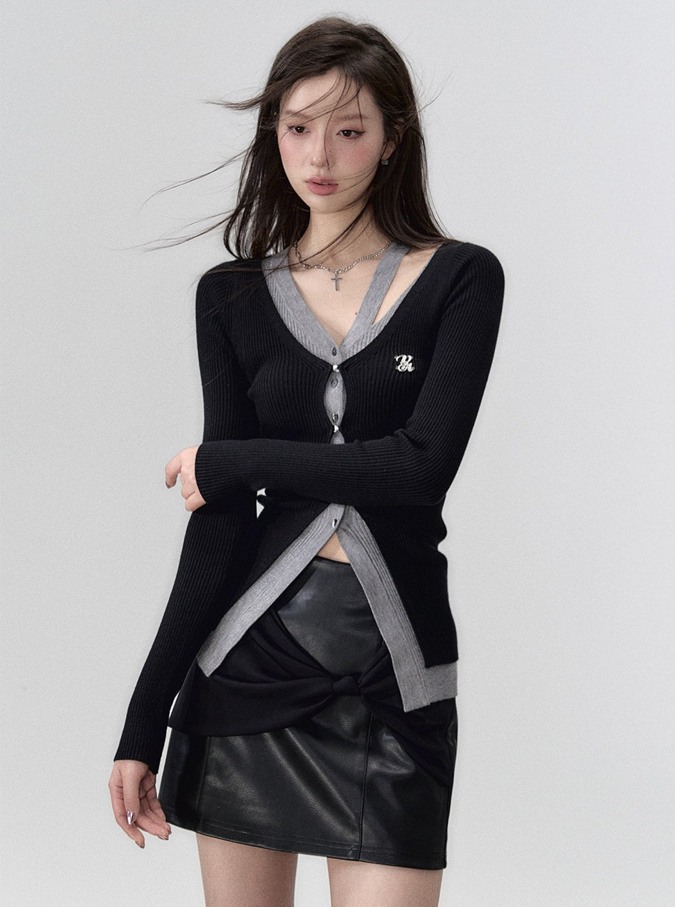 Cropped fake two irregular long sleeve knit top