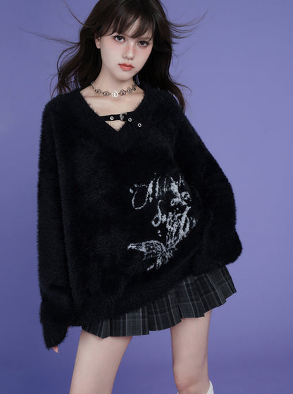 Black V-Neck Jacquard Mink Sweater