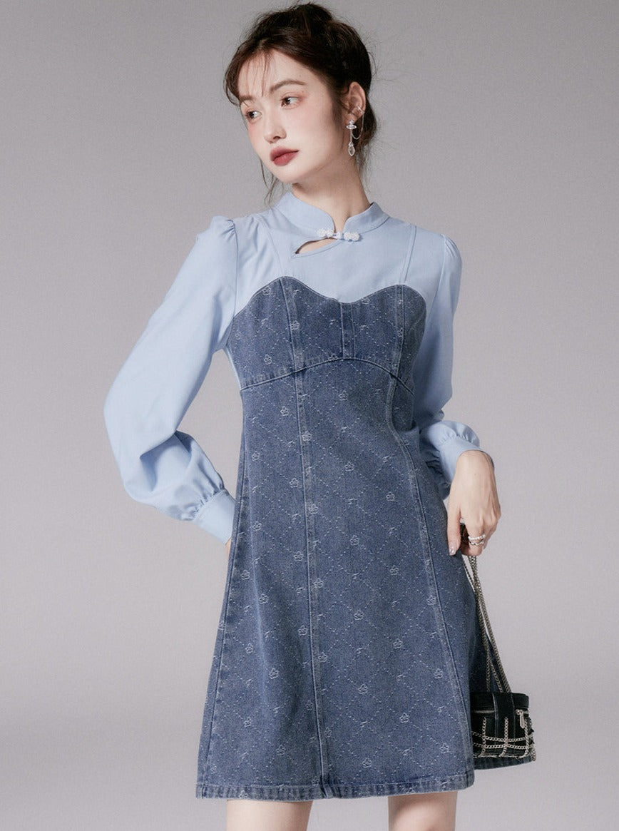 Knopf Jacquard Denim Kleid