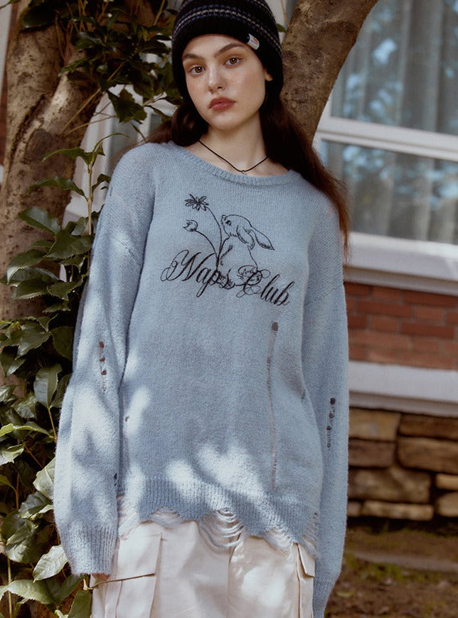 Rabbit print round neck sweater