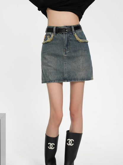 SRYS American Street Wash Distressed Raw Edges High Waist Denim Rock Rock Sommer Rock New Women's Skirt