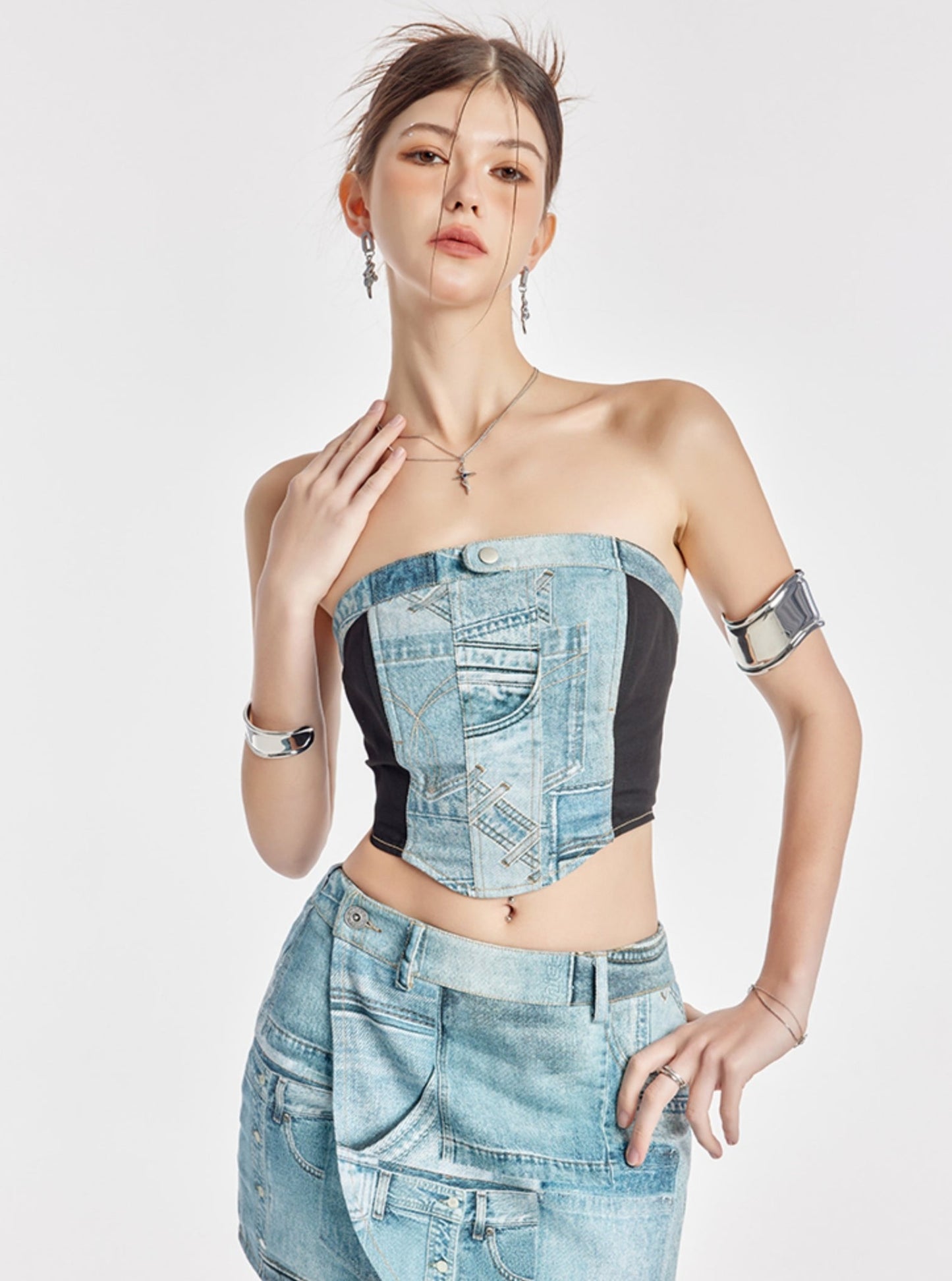 Slim Bandeau Babes Crop Denim Top