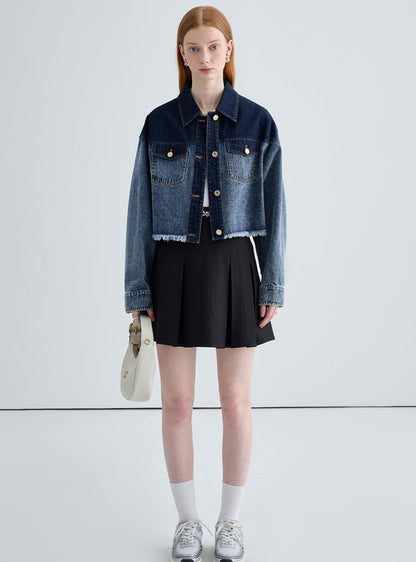 Color-blocked small denim short jacket