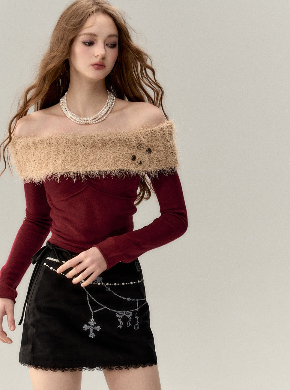 Straight Shoulder Design Sense Furry Sweater