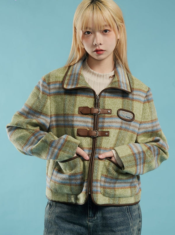 Retro Green Plaid Woolen Short Coat