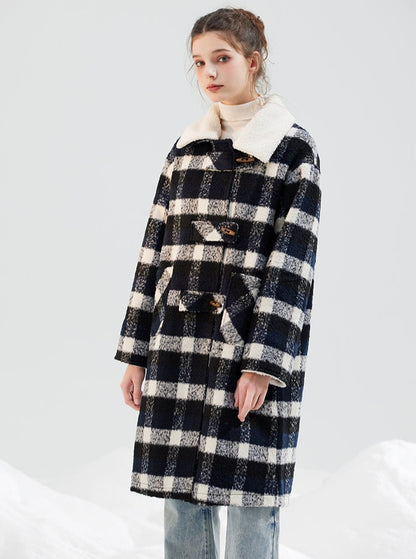 Checkered tweed long coat