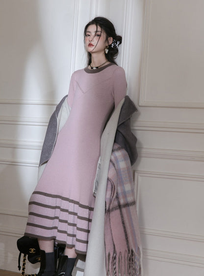 Pink Rose striped woollen knit dress