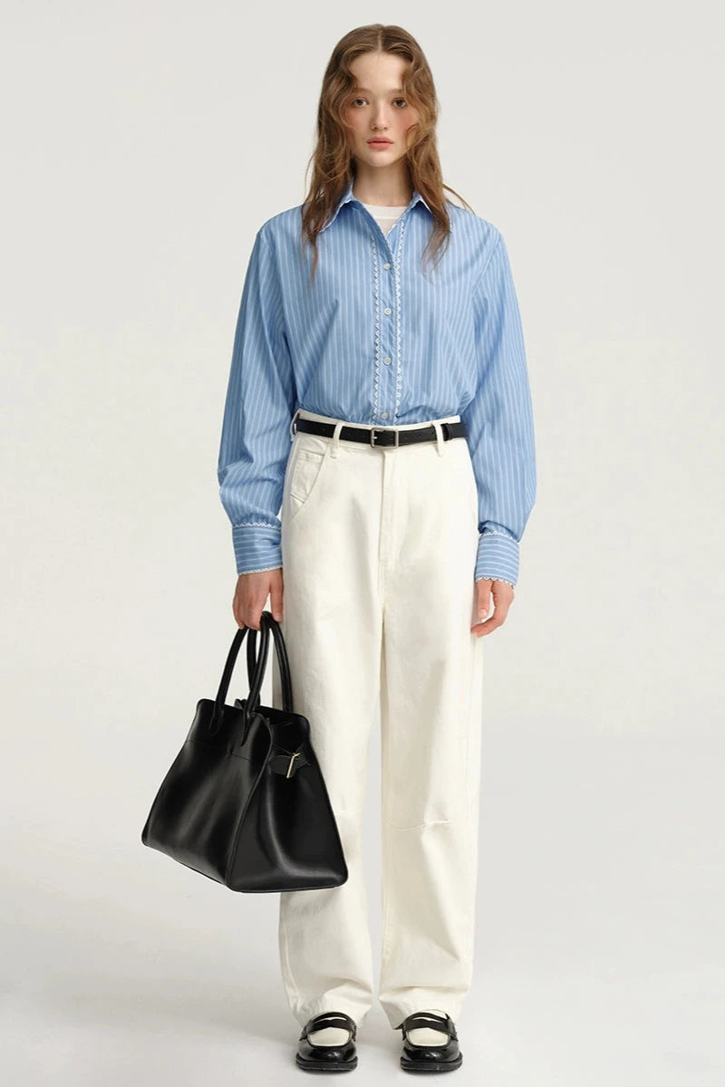 DESIGNER PLUS Blue Pinstripe Long Sleeve Shirt Women's Pre-Fall Design Lace Trim Lapel Shirt