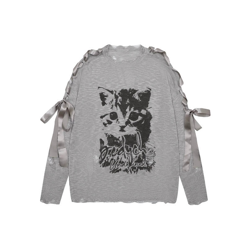 Cat Jacquard Lace-Up Top