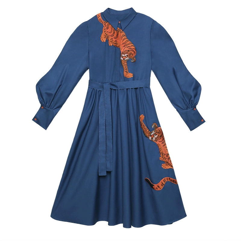 Vintage Tiger Embroidered Blue Dress