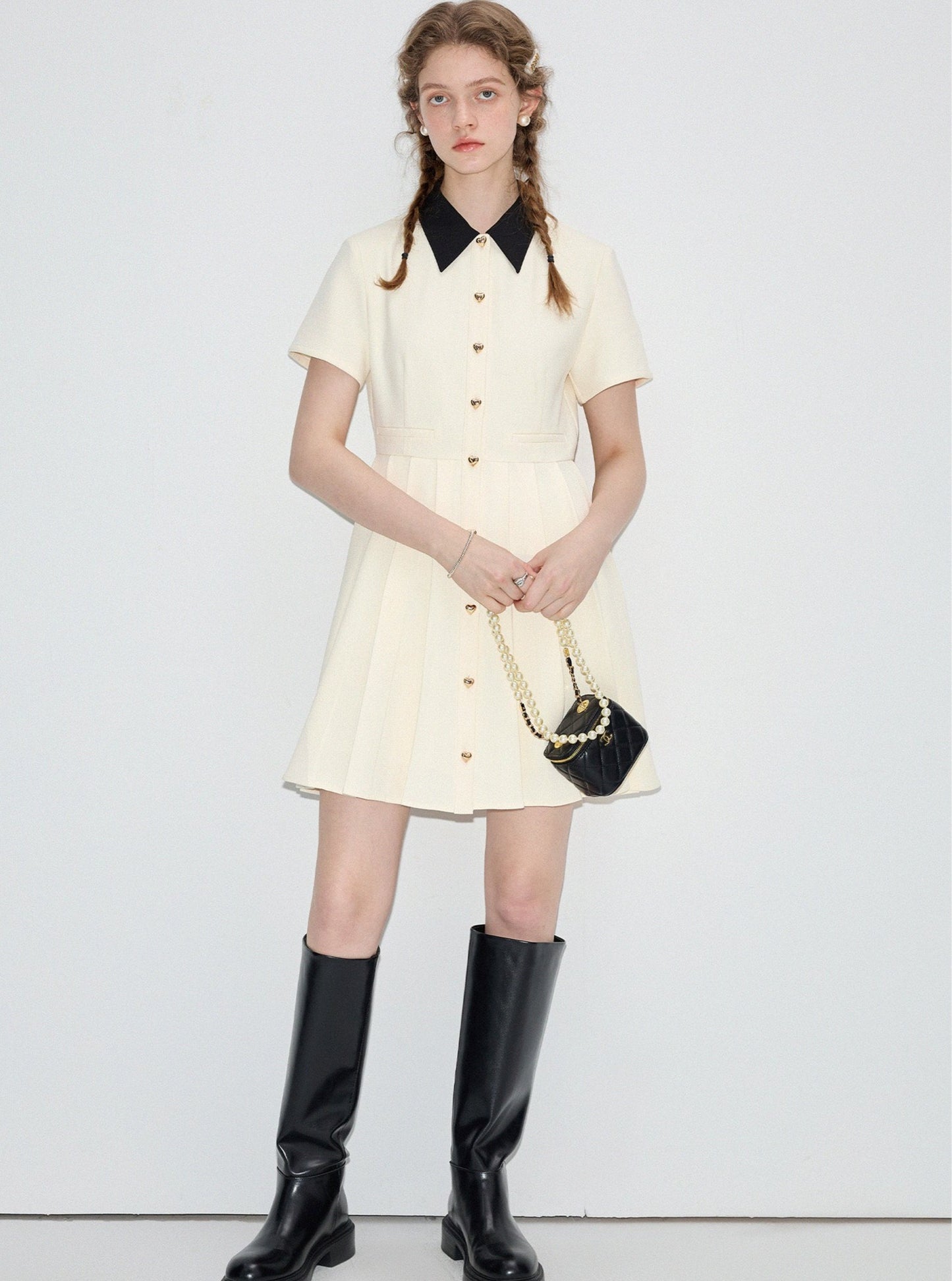 French Style Contrast Polo Pleated Dress