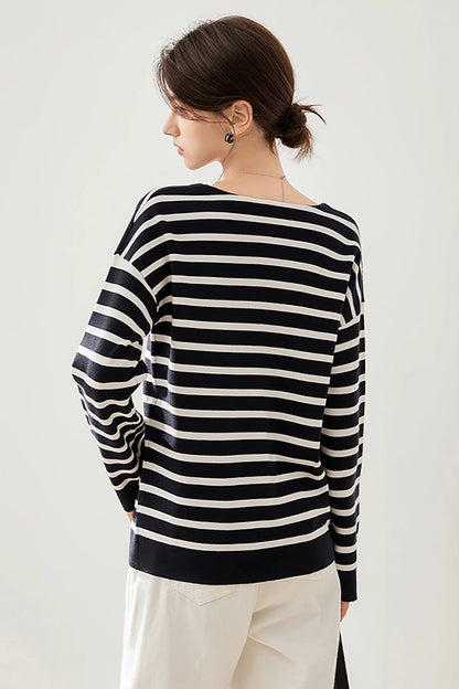 Striped V-Neck Loose Knit Sweater