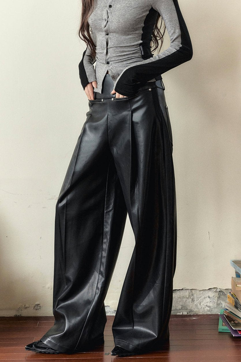 Loose Straight-Leg Leather Pants