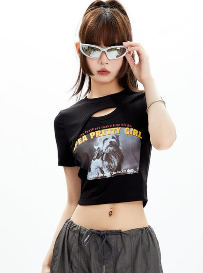 American Chest Hollow out Open Navel T-shirt