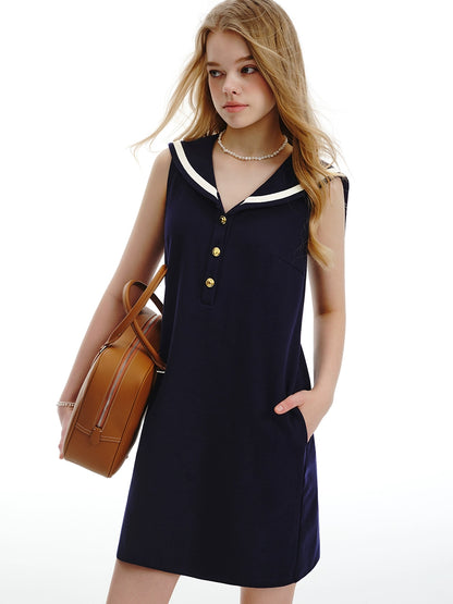 Designer Navy Shawl Collar A-Line Dress